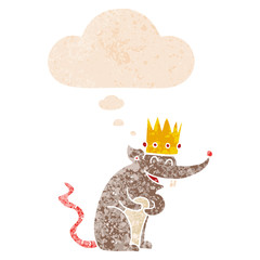 cartoon rat king laughing and thought bubble in retro textured style