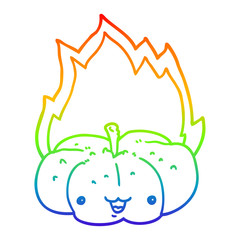 rainbow gradient line drawing cartoon flaming pumpkin