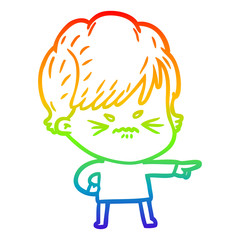 rainbow gradient line drawing cartoon frustrated woman