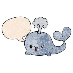 cartoon whale and speech bubble in retro texture style