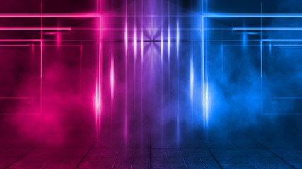 Empty background scene. Dark street reflection on wet asphalt. Rays of neon light in the dark, neon figures, smoke. Background of empty stage show. Abstract dark background.