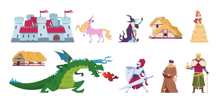 Fairy tale characters. Medieval cartoon castles and persons, kings wizards dragon and knight. Vector character flat prince and princess magic set