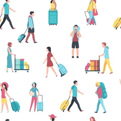 Fototapeta na wymiar Seamless pattern with travel people. Airport tourist baggage crowd passengers 3d. Vector illustration vacation happy people with luggage