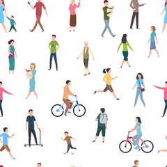 Fototapeta na wymiar Seamless pattern with walking people. Persons in casual clothes, crowd walks in city. Vector flat illustration sketch cartoon fitness active human on white background