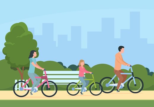 Family riding bikes. Mother, father and children outdoor recreational activity. Vector illustration concept leisure happy people and healthy lifestyle in nature