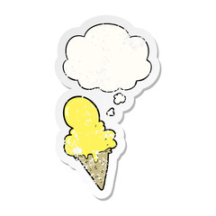 cartoon ice cream and thought bubble as a distressed worn sticker