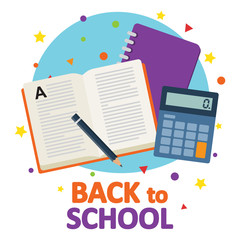 Back to school, book with school notebook and calculator