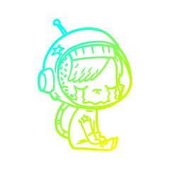 cold gradient line drawing cartoon crying astronaut girl sitting