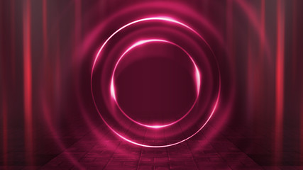 Empty background scene. Dark street reflection on wet asphalt. Rays of neon light in the dark, neon figures, smoke. Background of empty stage show. Abstract dark background.