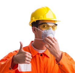 Construction worker with protective mask isolated on white