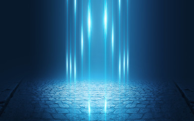 Empty background scene. Dark street reflection on wet asphalt. Rays of neon light in the dark, neon...