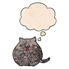 happy cartoon cat and thought bubble in grunge texture pattern style