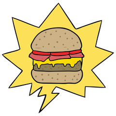 cartoon stacked burger and speech bubble