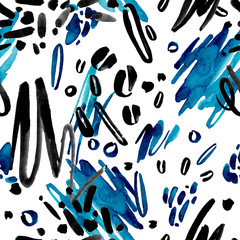 Watercolor hand drawn seamless black and blue abstraction on a white background