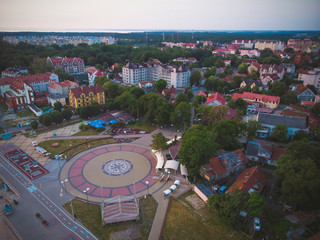 Russia, Zelenogradsk. Panoramic view of the Baltic Sea on sunset, from drone