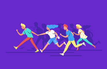 Teenage people running forward concept vector illustration of happy teenagers hurrying together to reach the goal