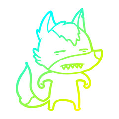cold gradient line drawing cartoon wolf showing teeth
