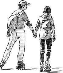 Sketch of a couple of students riding on the roller scates
