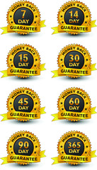 Strong and powerful golden money back guarantee badge, sign, seal, stamp, label set with ribbon isolated on white background.