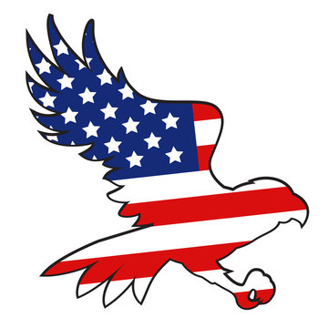 Silhouette of a flying eagle painted in the us flag. American independence day, fourth of July.