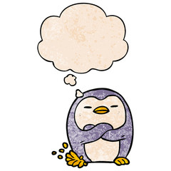 cartoon penguin tapping foot and thought bubble in grunge texture pattern style