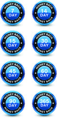 Excellent blue colored money back guaranteed seal, badge set isolated on white background.
