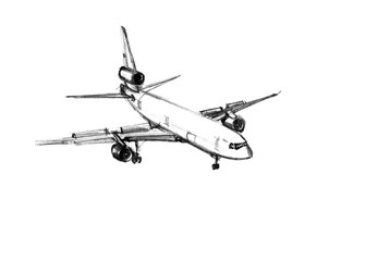 Plane in the sky. Pencil drawing. Plane isolated on white background