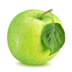 Green apple with leaf isolated on white