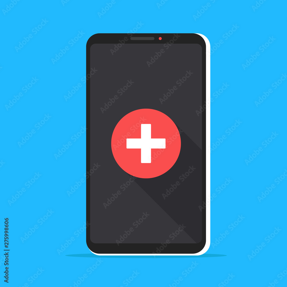 Poster healthcare app. mobile phone with panic button, emergency phone call. smartphone and red button with