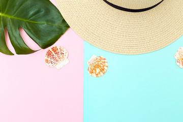 Travel background. seashells and leaf monstera
