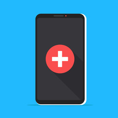 Healthcare app. Mobile phone with panic button, emergency phone call. Smartphone and red button with white cross on screen. Medical help, online health care. Vector Illustration