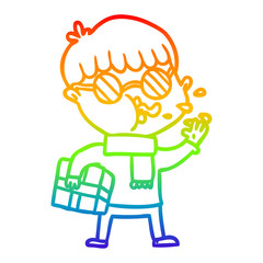 rainbow gradient line drawing cartoon boy wearing spectacles with christmas gift