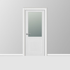 Vector Realistic 3d Simple Modern White Closed Door with Frame on Grey Wall in the Empty Room. Interior Design Element. Design Template for Graphics