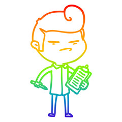 rainbow gradient line drawing cartoon cool guy with fashion hair cut and clip board