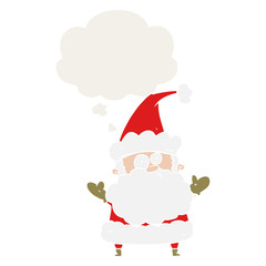 cartoon confused santa claus and thought bubble in retro style