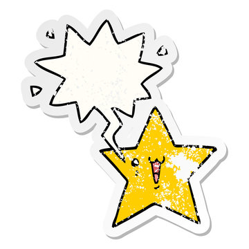 happy cartoon star and speech bubble distressed sticker