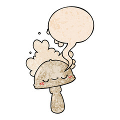 cartoon mushroom and spoor cloud and speech bubble in retro texture style