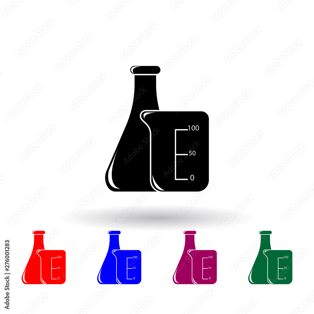 Poster flask and measuring cup multi color icon. elements of science set. simple icon for websites, web des
