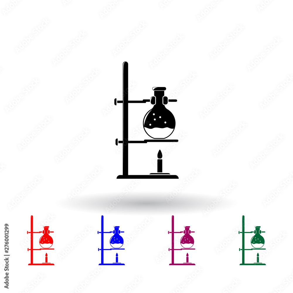 Poster flask on fire multi color icon. elements of science set. simple icon for websites, web design, mobil