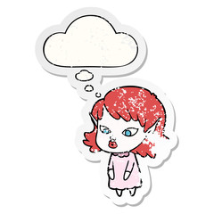 cartoon elf girl with pointy ears and thought bubble as a distressed worn sticker