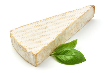 Fresh French Brie cheese, Camembert, close-up, isolated on white background