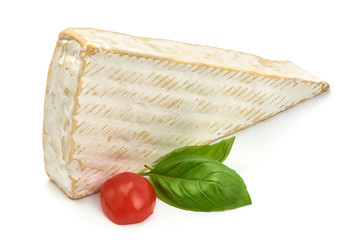 Fresh French Brie cheese, Camembert, close-up, isolated on white background