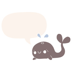 cute cartoon whale and speech bubble in retro style