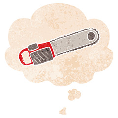 cartoon chainsaw and thought bubble in retro textured style