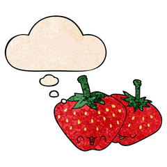 cartoon strawberries and thought bubble in grunge texture pattern style