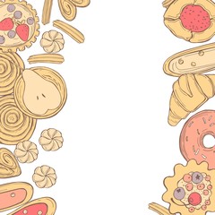 Bakery products background. Cookies, cakes, donuts. Vector sketch  illustration.
