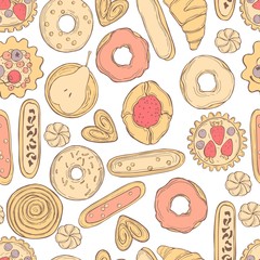 Hand drawn bakery products. Cookies, cakes, muffins. Vector  seamless pattern