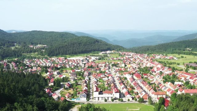 Croatia, town of Delnice, mountain landscape, panoramic view of town center from drone in summer