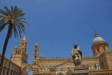 Naklejka premium Beautiful wide view of the historical tourist cathedral of Palermo Sicily, building of Unesco heritage