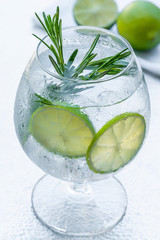 Gin and tonic cocktail with lime and rosemary - refreshing summer alkoholic drink